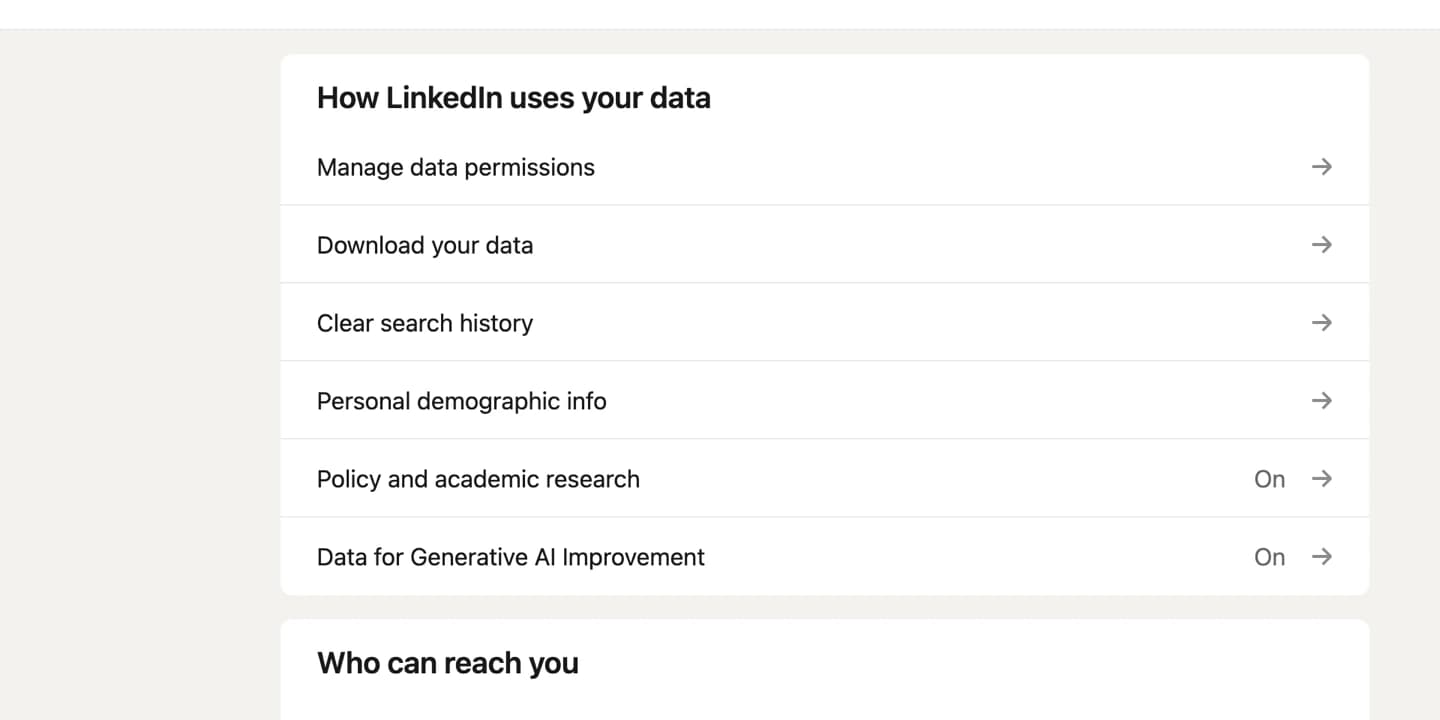 LinkedIn Data privacy settings with Download your data highlighted in the How LinkedIn uses your data section