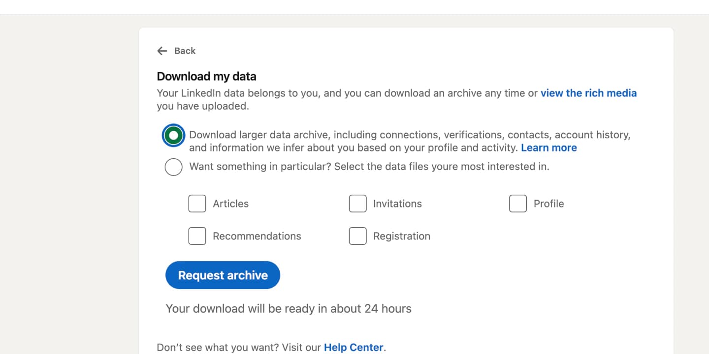 LinkedIn Download my data page with Download larger data archive selected and Request archive button visible