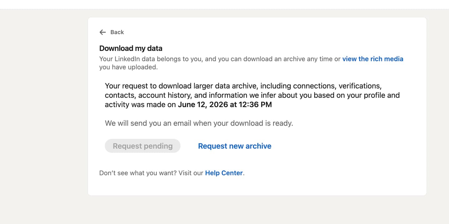 LinkedIn Download my data page showing a larger archive request pending