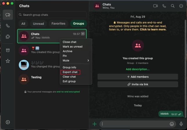 WhatsApp Desktop on Mac showing a chat context menu with Export chat highlighted