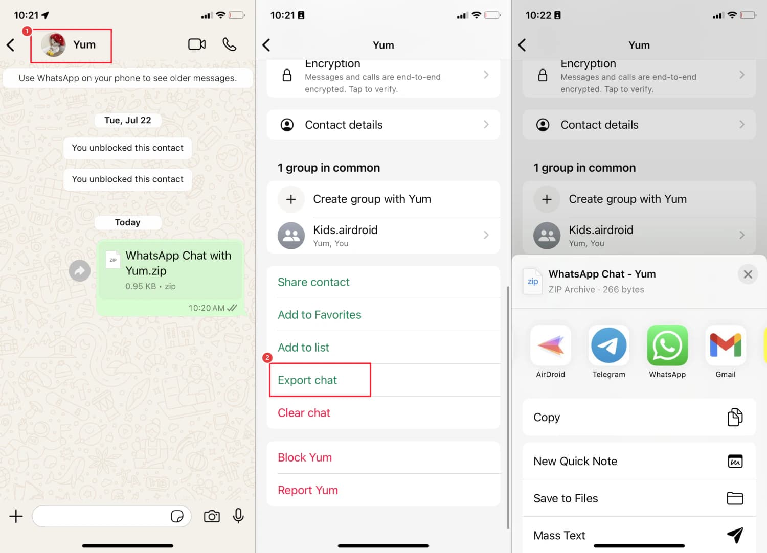 iPhone WhatsApp export flow showing the chat header, Export chat row, and iOS share sheet