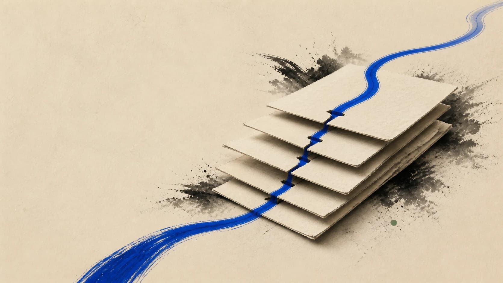 A continuous blue signal crossing a stack of fundraising notes and becoming a clear route forward